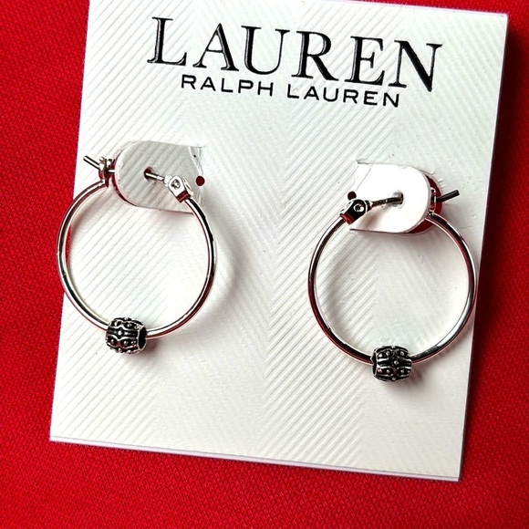 Brand New Lauren Ralph Lauren Small Slider Hoop Earrings Silver Tone Minimalist - Picture 10 of 12